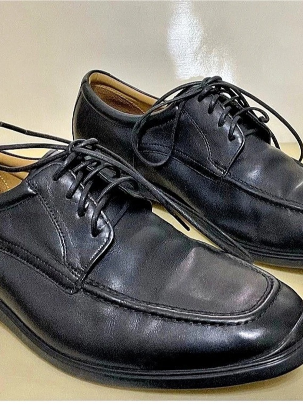 Cole Haan Black Leather Apron Toe Derby Shoes